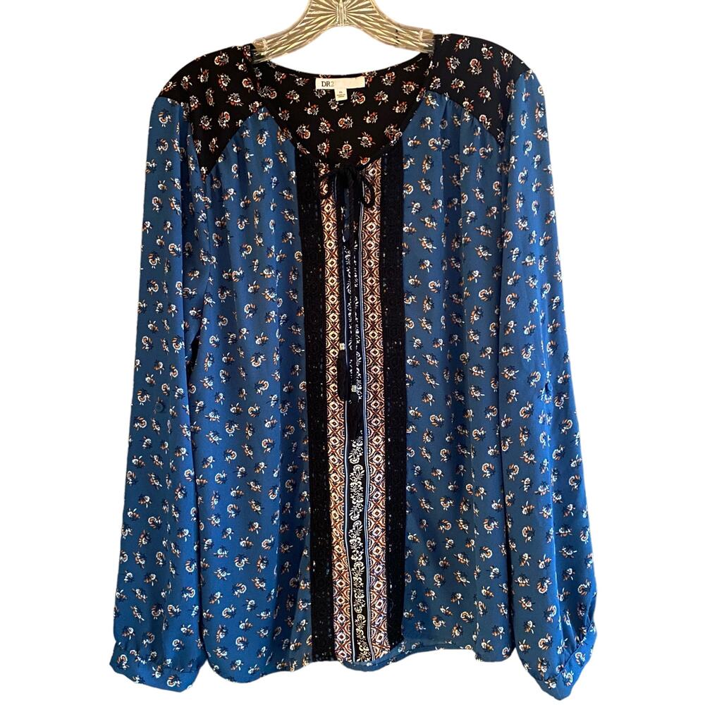 DR2 Top Boho Peasant Mixed Print Tassels Tie Long Roll-Tab Sleeves Teal & Black